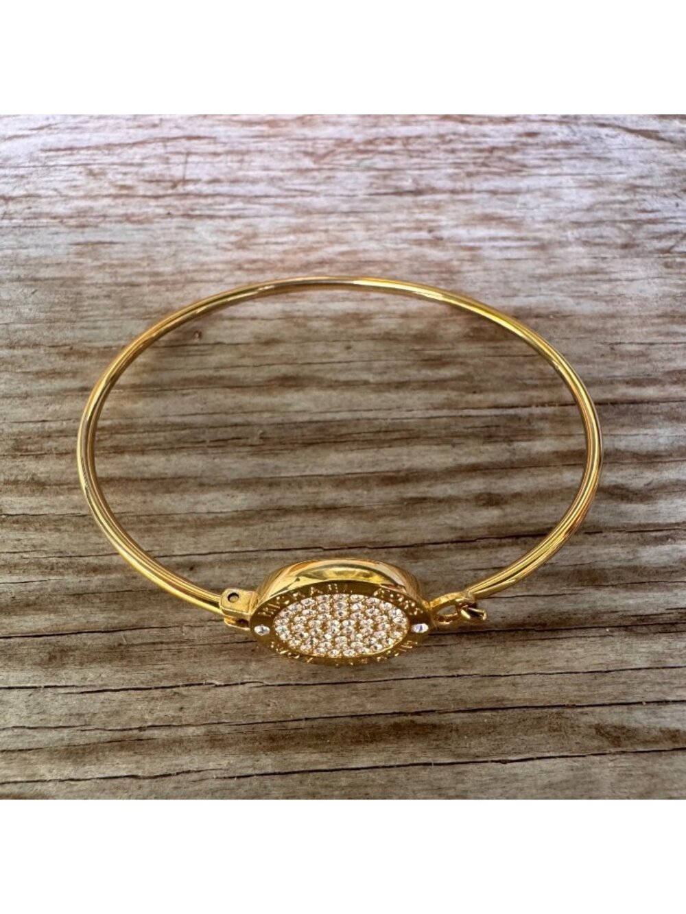 Michael Kors Gold Tone Pavé Crystal Logo Medallion Hinged Bangle Bracelet - Picture 2 of 7